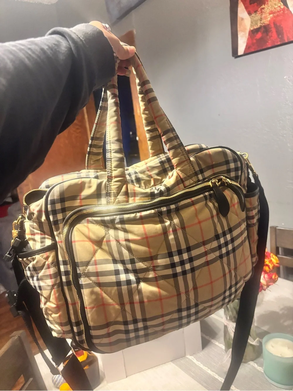 Burberry Beige Plaid Quilted Baby Bag with Black Strap